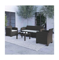 Vivian 4 Piece Faux Rattan Patio Furniture Set With 2 Chairs And Sofa With Removable Beige Cushions And Table