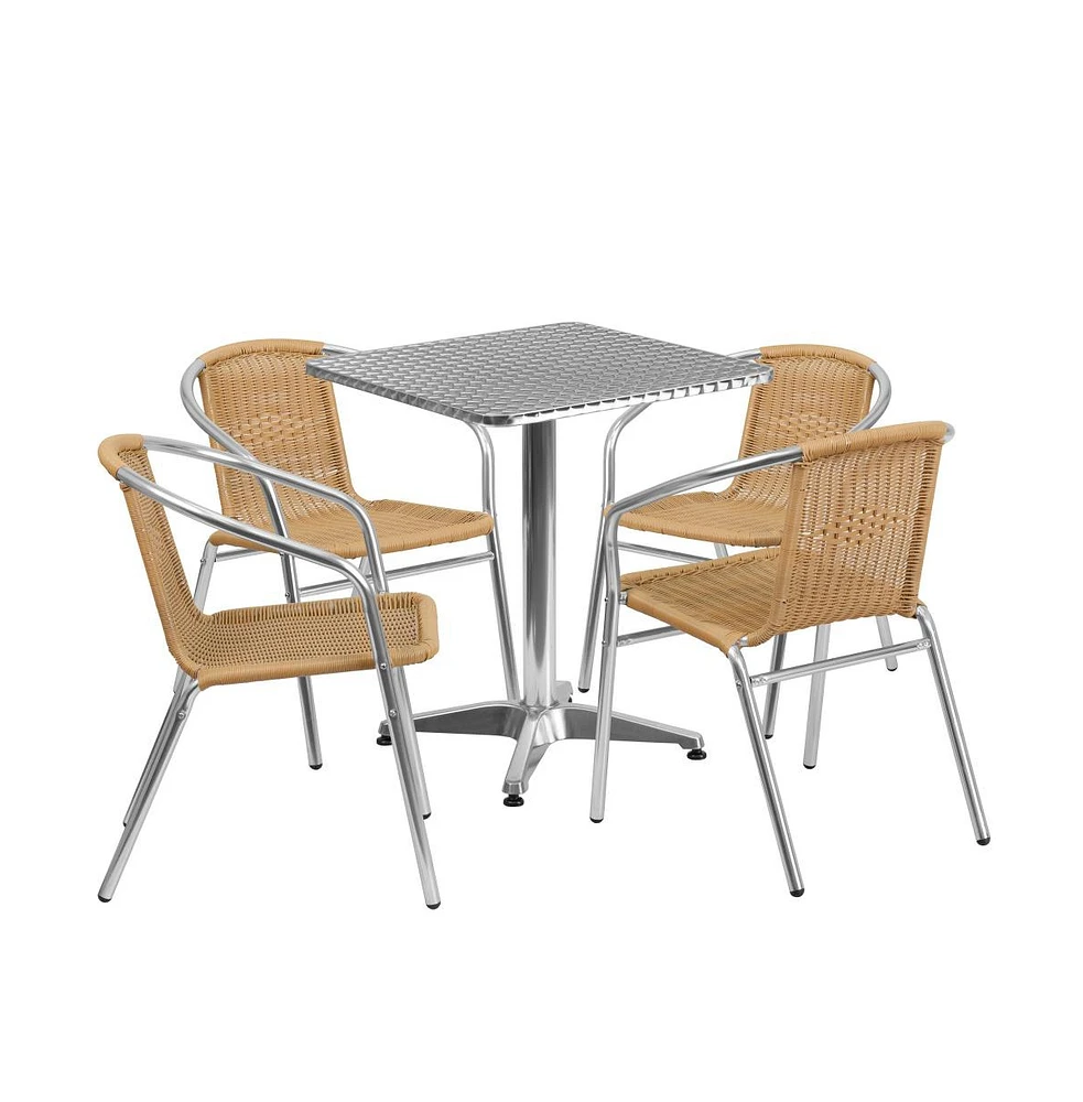 23.5" Square Aluminum Garden Patio Table Set With 4 Rattan Chairs