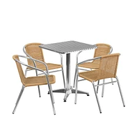 23.5" Square Aluminum Garden Patio Table Set With 4 Rattan Chairs