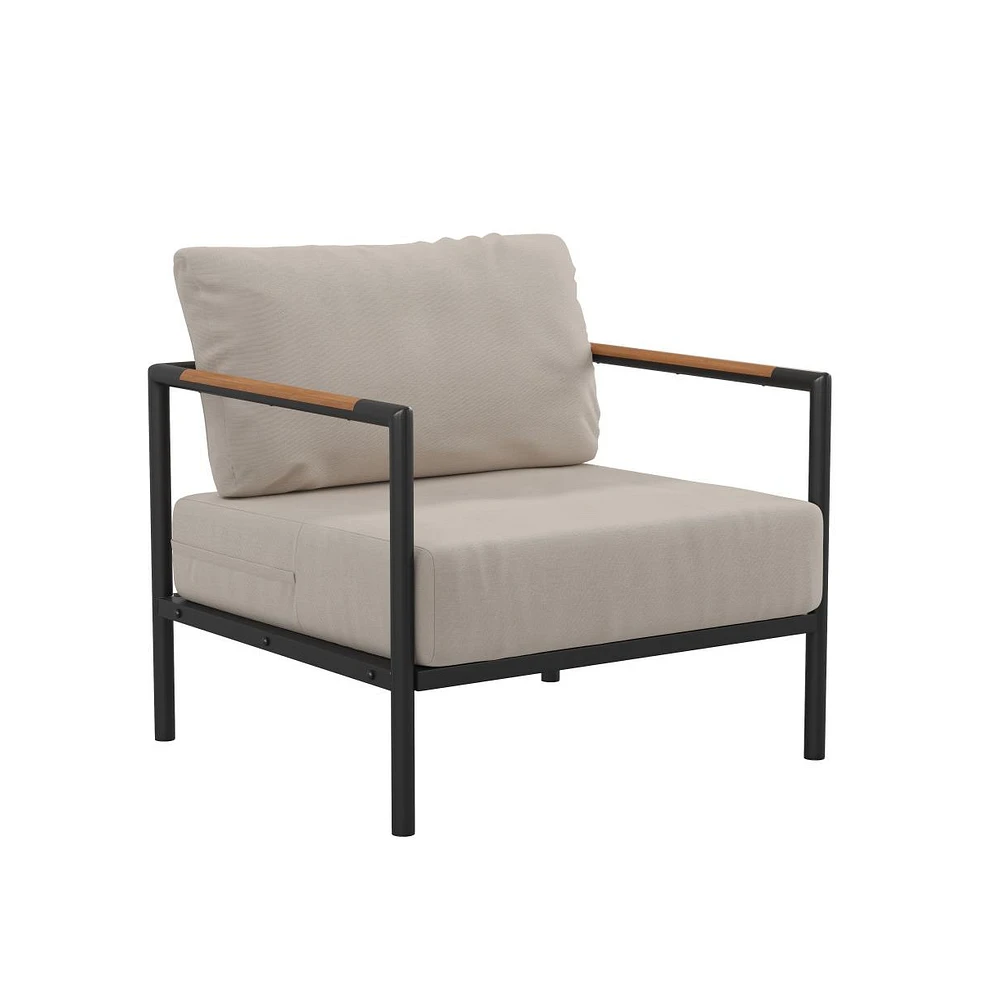 Eastport Outdoor Accent Chair With Removable Plush Fabric Cushions And Teak Accented Aluminum Frame