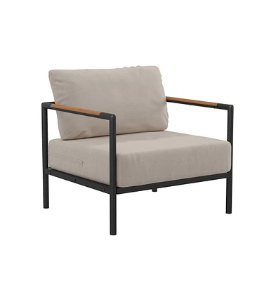 Eastport Outdoor Accent Chair With Removable Plush Fabric Cushions And Teak Accented Aluminum Frame