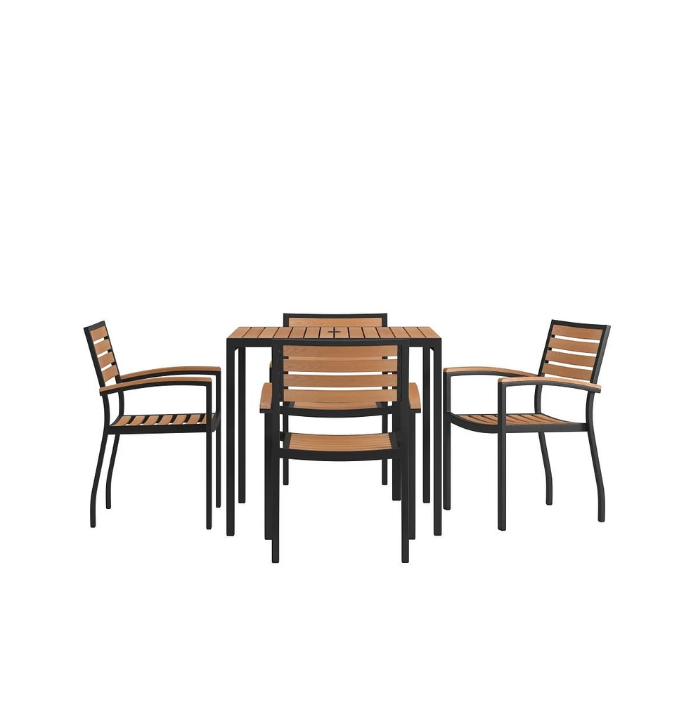 Hampstead Five Piece Faux Teak Patio Dining Set For Indoor And Outdoor Use - Table And Four Club Chairs