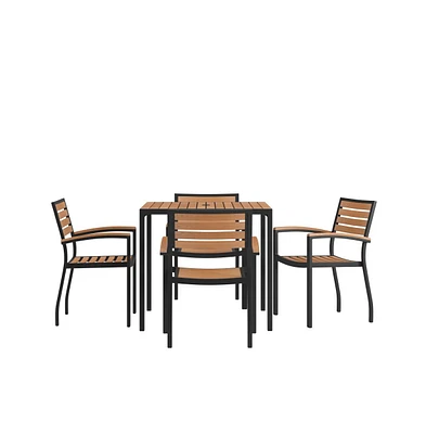 Hampstead Five Piece Faux Teak Patio Dining Set For Indoor And Outdoor Use - Table And Four Club Chairs