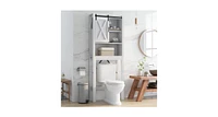 3-Tier Wooden Bathroom Cabinet with Sliding Barn Door and 3-position Adjustable Shelves-White