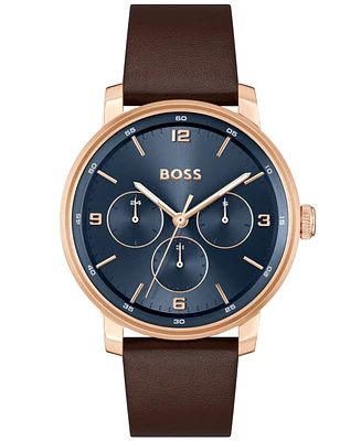Hugo Boss Men's Contender Quartz Multifunction Brown Leather Watch 44mm