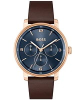 Hugo Boss Men's Contender Quartz Multifunction Brown Leather Watch 44mm