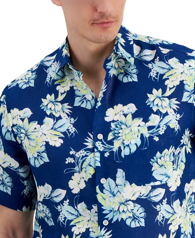 Club Room Men's Noche Floral-Print Short-Sleeve Linen Shirt, Created for Macy's