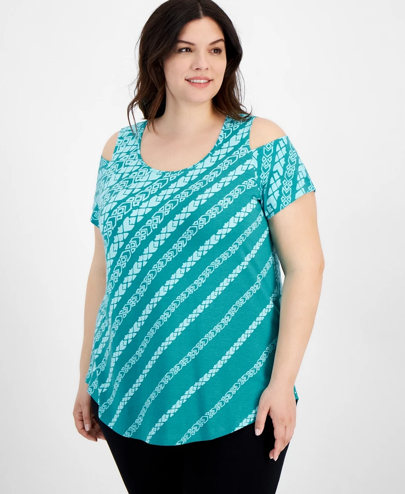 Jm Collection Plus Size Dissipating Etch Cold-Shoulder Top, Created for Macy's