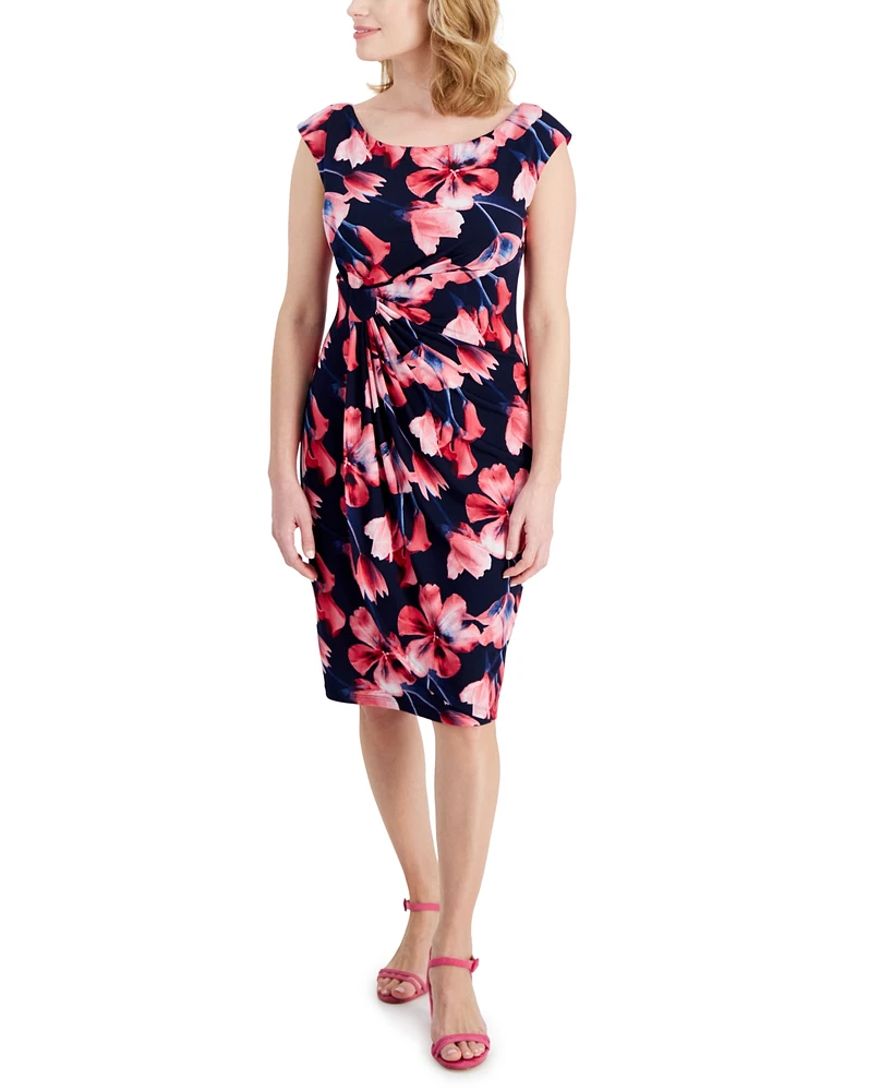 Connected Petite Printed Side-Gathered Sheath Dress