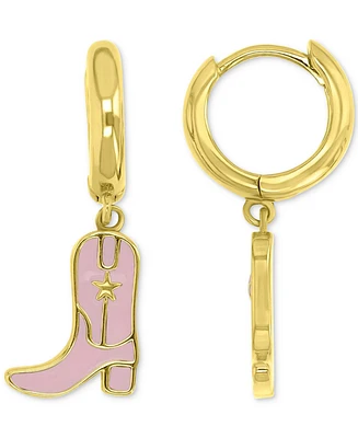 Pink Enamel Cowboy Boot Dangle Hoop Drop Earrings in 14k Gold-Plated Sterling Silver