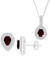 2-Pc. Set Garnet (3 ct. t.w.) & Lab-Grown White Sapphire (1 ct. t.w.) Teardrop Halo Pendant Necklace & Matching Stud Earrings in Sterling Silver