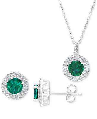 2-Pc. Set Lab-Grown Emerald (3 ct. t.w.) & Lab-Grown White Sapphire (1 ct. t.w.) Halo Pendant Necklace & Matching Stud Earrings in Sterling Silver
