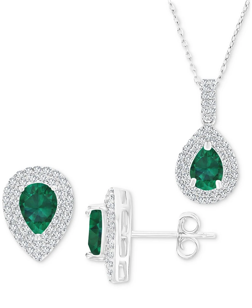 2-Pc. Set Lab-Grown Emerald (2-3/8 ct. t.w.) & Lab-Grown White Sapphire (1 ct. t.w.) Teardrop Halo Pendant Necklace & Matching Stud Earrings in Sterli