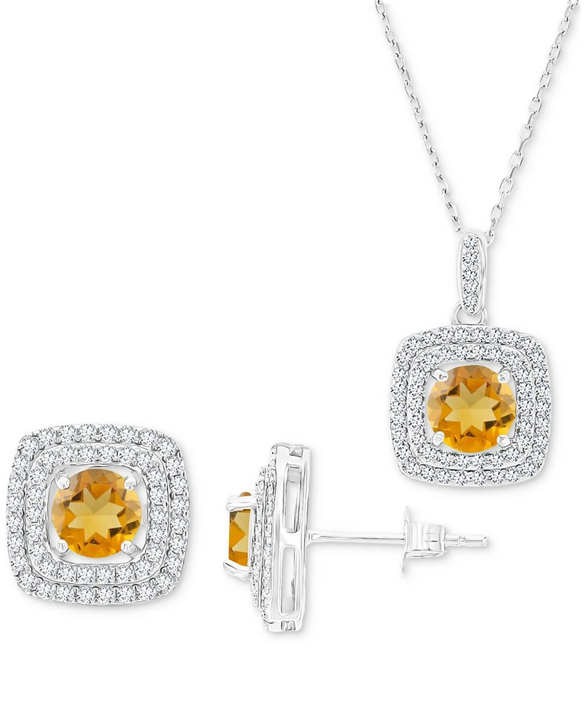 2-Pc. Set Citrine (2-5/8 ct. t.w.) & Lab-Grown White Sapphire (7/8 ct. t.w.) Square Halo Pendant Necklace & Matching Stud Earrings in Sterling Silver