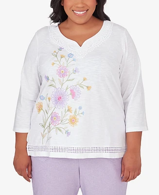 Alfred Dunner Plus Garden Party Floral Embroidery Top with Lace Details