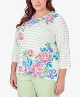 Alfred Dunner Plus Miami Beach Asymmetrical Stripe Floral Top