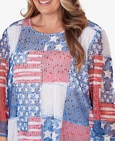 Alfred Dunner Plus Size All American Patchwork Flag Mesh Top with Necklace