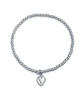 Bling Jewelry Plain Simple Dainty Heart Tag Charm 3MM Ball Bead Stretch Bracelet For Teen .925 Sterling Silver Adjustable Stackable