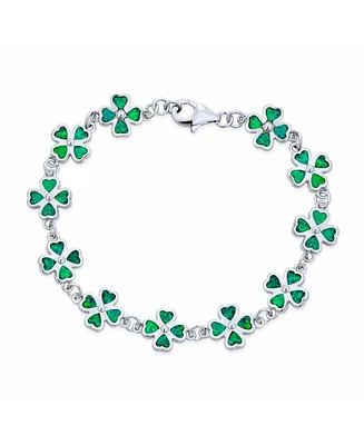 Created Opal Inlay Green Shamrock Irish Lucky Clover Leaf Heart Shaped Link Charm Bracelet For Women .925 Sterling Silver