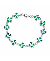 Created Opal Inlay Green Shamrock Irish Lucky Clover Leaf Heart Shaped Link Charm Bracelet For Women .925 Sterling Silver