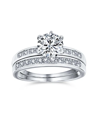 Classic Traditional 2CT Round Solitaire 6 Prong Solitaire Pave Band Aaa Cz Anniversary Wedding Engagement Ring Set Band For Women .925 Sterling Silver