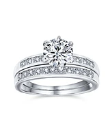Classic Traditional 2CT Round Solitaire 6 Prong Pave Band Aaa Cz Anniversary Wedding Engagement Ring Set For Women .925 Sterling Silver