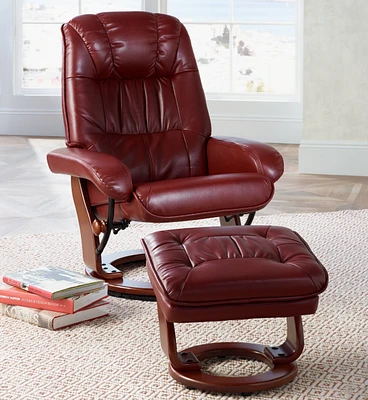 Kyle Ruby Red Swivel Faux Leather with Ottoman Recliner Chair Modern Armchair Ergonomic Push Manual Reclining Footrest Upholstered for Bedroom Living