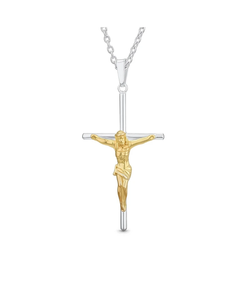 Bling Jewelry Simple Christian Catholic Religious Jewelry Medium Jesus Crucifix Cross Necklace Pendant For Women 2 Tone Gold Plated Sterling Silver