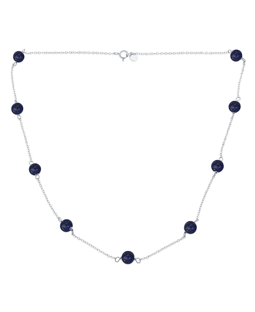 Bling Jewelry Delicate Simple Natural Blue Lapis Lazuli Chain Round Ball Bead Tin Cup Necklace For Women .925 Sterling Silver 18 Inch