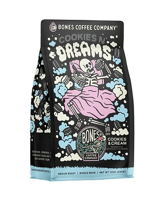 Bones Coffee Whole Bean Coffee | 12 oz Medium Roast Arabica Low Acid Flavored Coffee | Cookies & Cream Flavor Company