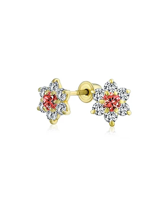 Tiny Red Cz Flower Stud Earrings For Women For Teen Cubic Zirconia Simulated Garnet 14K Real Gold Screw back