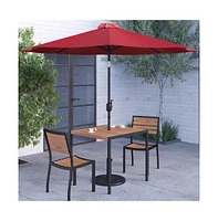 Forrest Five Piece Faux Teak Patio Dining Set - Table, Two Armless Stacking Club Chairs, 9' Gray Umbrella And Base