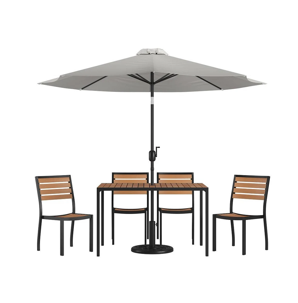 Calle 7 Piece Outdoor Faux Teak Poly Slat Furniture Set - Table, 4 Chairs And Patio Umbrella Base