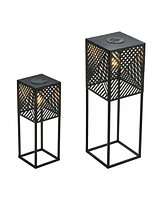 Glitzhome 23.75" H, 17.75" H Set of 2 Metal Stripes Geometric Solar Powered Edison Bulb Outdoor Floor Lantern or Planter Stands