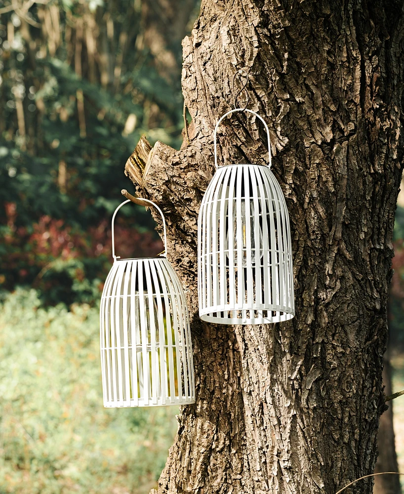 Glitzhome 9.75" H Set of 2 Metal Stripes Solar Powered Edison Bulb Outdoor Hanging Lantern