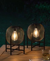 Glitzhome 11.5" H Set of 2 Metal Mesh Solar Powered Edison Bulb Outdoor Lantern with Stand