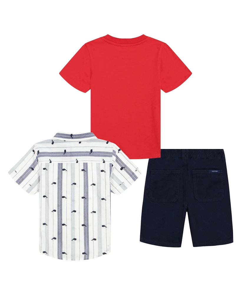 Nautica Toddler Boys Short Sleeve T-shirt, Print-Stripe Shirt and Twill Shorts, 3 Pc Set