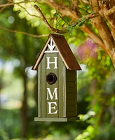 Glitzhome 14.75" H Washed Green Distressed Solid Wood " Home" Inspiration Single Family Decorative Outdoor Garden Birdhouse