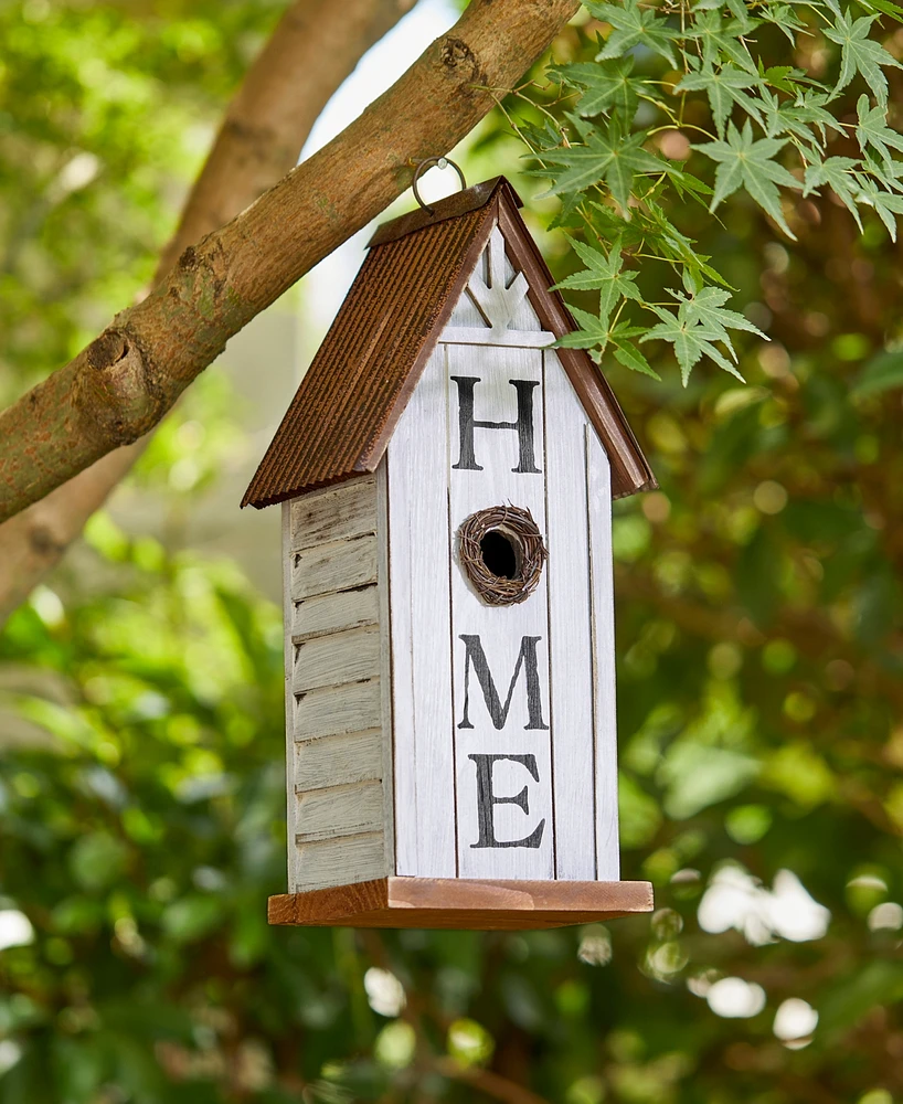 Glitzhome 14.75" H Washed White Distressed Solid Wood " Home" Inspiration Decorative Outdoor Garden Birdhouse