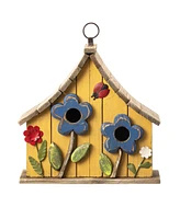 Glitzhome 10.5" H Washed Distressed Solid Wood Two-Story Townhouse Garden Birdhouse with 3D Flowers