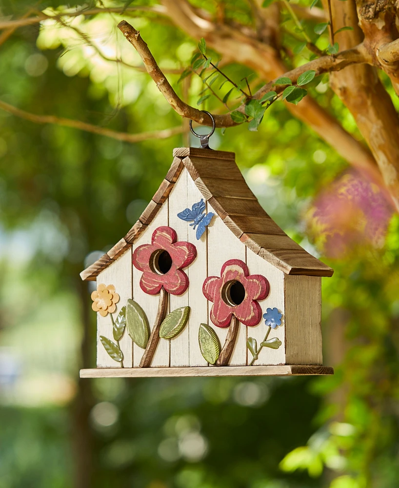 Glitzhome 10.5" H Washed Distressed Solid Wood Two-Story Townhouse Garden Birdhouse with 3D Flowers