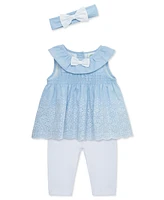 Little Me Baby Girls Chambray Eyelet Set with Headband