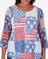 Alfred Dunner Women's All American Patchwork Flag Mesh Top with Necklace