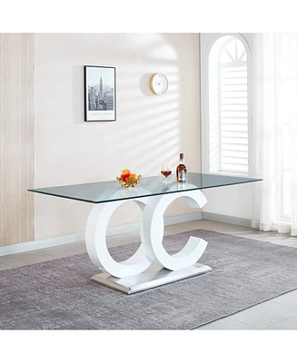 Simplie Fun Tempered Glass Dining Table With Black Mdf Middle Support And Stainless Steel Base For Modern Design
