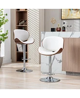 Simplie Fun Bentwood Adjustable Bar Stools, Upholstered Swivel Barstool, White Pu Leather Bar Stools (Set Of 2)