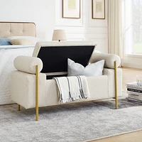Beige Linen Storage Bench with Iron Legs