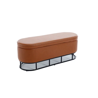 Simplie Fun Oval Storage Bench For Living Room Bedroom End Of Bed, Upholstered Storage Ottoman Entryway Bench With Metal Legs, Brown