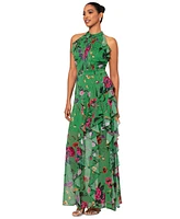 Betsy & Adam Petite Floral-Print Ruffled Halter Gown