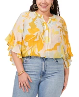 Vince Camuto Plus Size Printed Pintuck Flutter 3/4-Sleeve Henley Blouse
