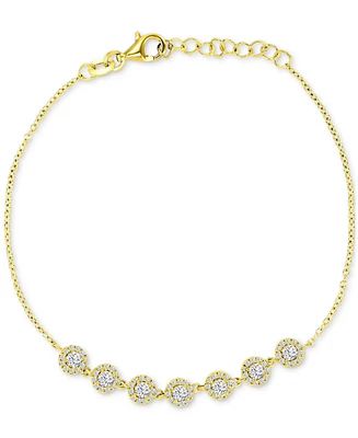 Cubic Zirconia Halo Seven Stone Link Bracelet in 14k Gold-Plated Sterling Silver